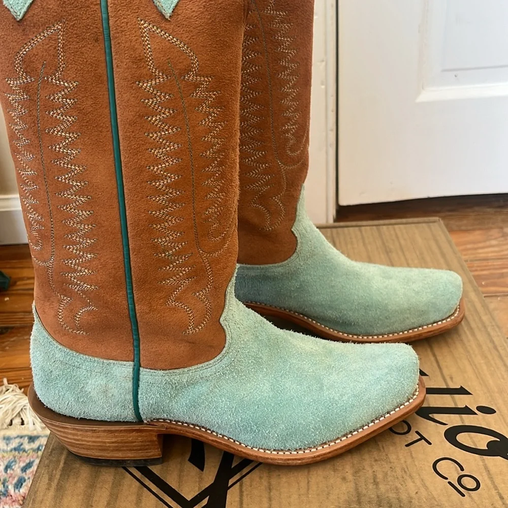 Fenoglio Tiffany Blue & Cognac Full Hide Boots 8.5 - Picture 9 of 10